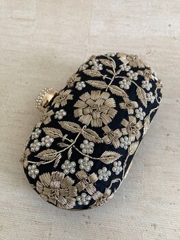 Black Handcrafted Embroidered Pearl Oval Clutch Bag, 5 of 10