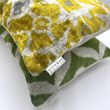 Oblong Velvet Ikat Cushion Yellow And Grey Heart, 2 of 7