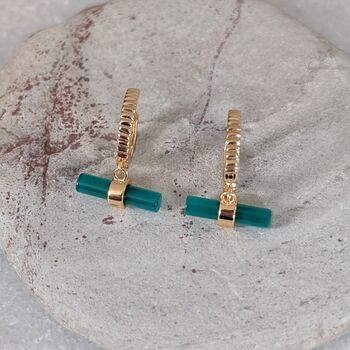 The T Bar Green Onyx Hoop Earrings, Gold Plated, 4 of 7