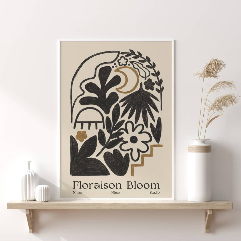 ‘Floraison Bloom Midnight’ Neutral Floral Art Print, 1 of 4