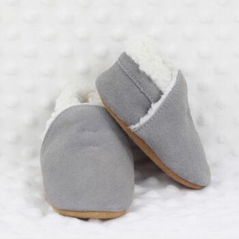 Dotty Fish Grey Soft Suede Baby And Toddler Slippers With Fleece Lining, 5 of 9