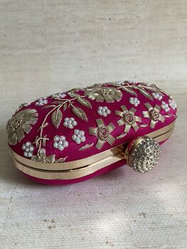 Hot Pink Raw Silk Oval Pearl Clutch Bag, 8 of 10