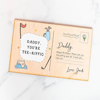 Personalised Daddy You’re Tee Riffic Golf Wooden Postcard, 2 of 2