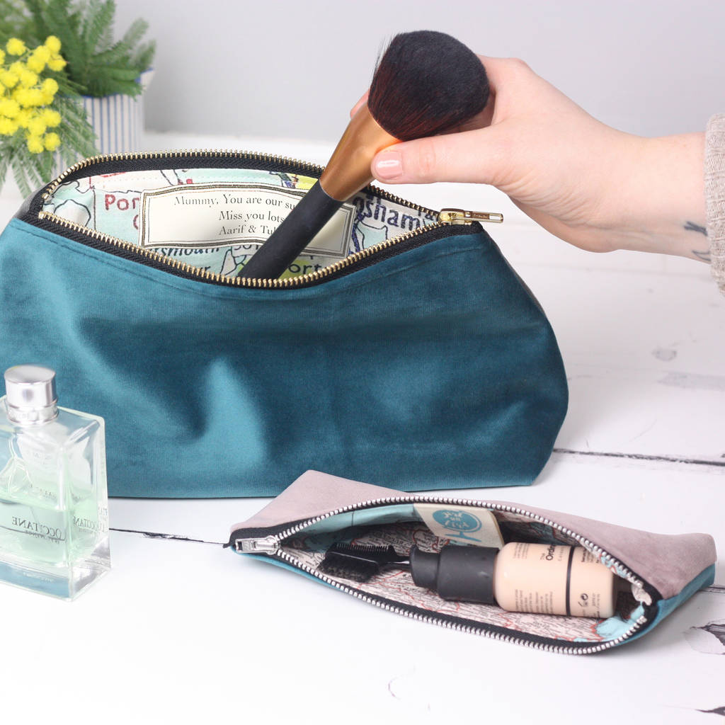 Velvet Wash Bag With A Hidden Personalised Map By Girl and Bird