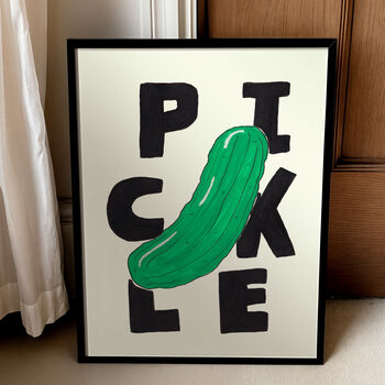 Green Pickle Hand Drawn Vegetable Illustration With Bold Typography Wall Art, 3 of 7