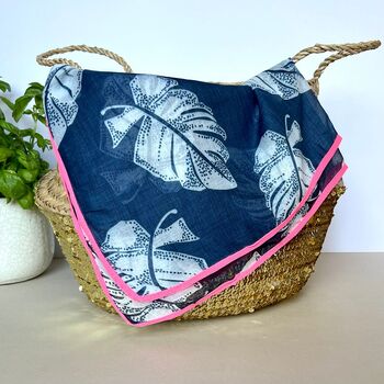 Tropical Leaf Scarf With Border In Navy Blue, 4 of 4