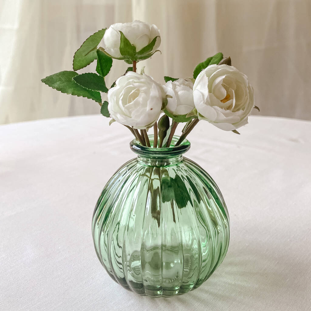 Set Of Two Round Green Pressed Glass Vases Eight.5cm By The Wedding of