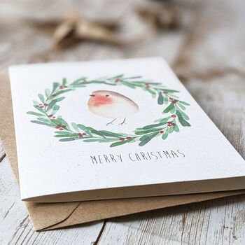 Watercolour Robin Wreath Merry Christmas Card, 2 of 3