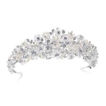 Emma Silver Plated Crystal And Pearl Cluster Tiara, 3 of 6