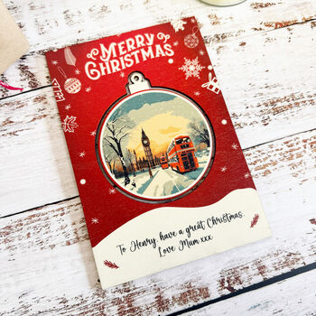 Personalised Red London Christmas Keepsake Card And Bauble Set, 4 of 5
