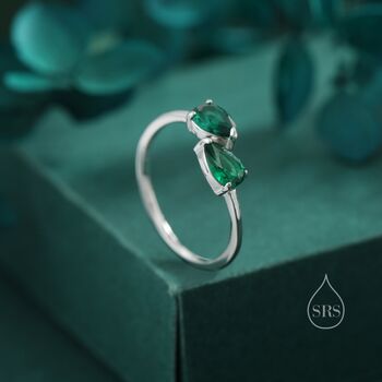 Sterling Silver Toi Et Moi Pear Cut Emerald Green Cz Open Ring, 2 of 11