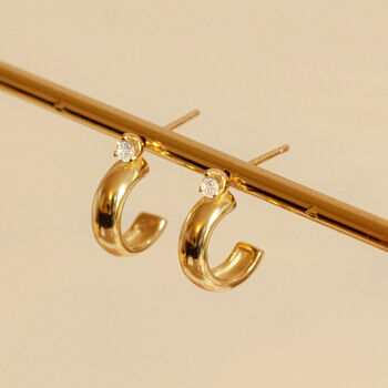 Thick Tiny Minimalist Huggie Hoop Earrings With Stone, 3 of 5