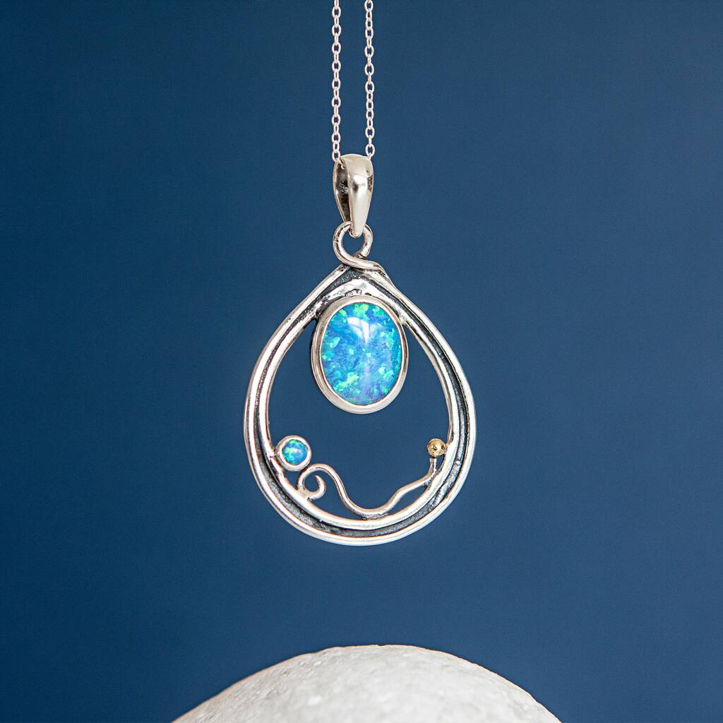 Blue Fire Opal Teardrop Necklace In Sterling Silver By Songs of Ink and Steel