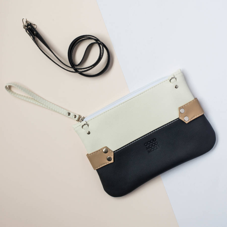 black and white vegan leather clutch bag by iamia