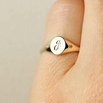Mini Initial And Diamonds Signet Ring Gold/Silver, 4 of 12