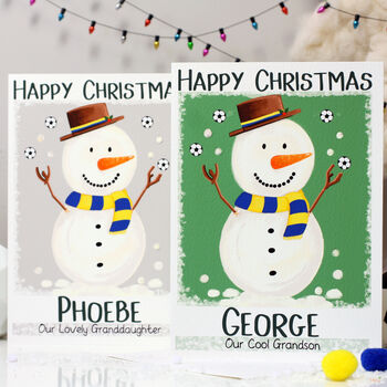 Grandchildren Snowman Football Christmas Card, 2 of 8