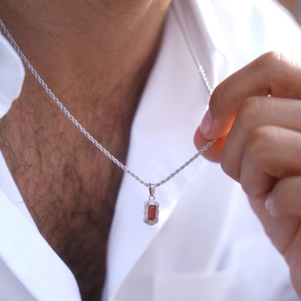 Silver Red Gemstone Pendant Necklace For Men, 1 of 9