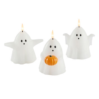 Set Of Three Halloween Ghost Tru Glow Pillar Candles, 4 of 4