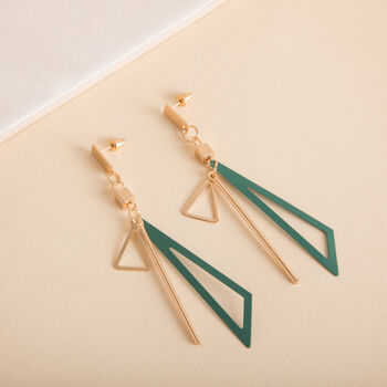 Green Long Triangle Geometric Drop Earrings, 3 of 3