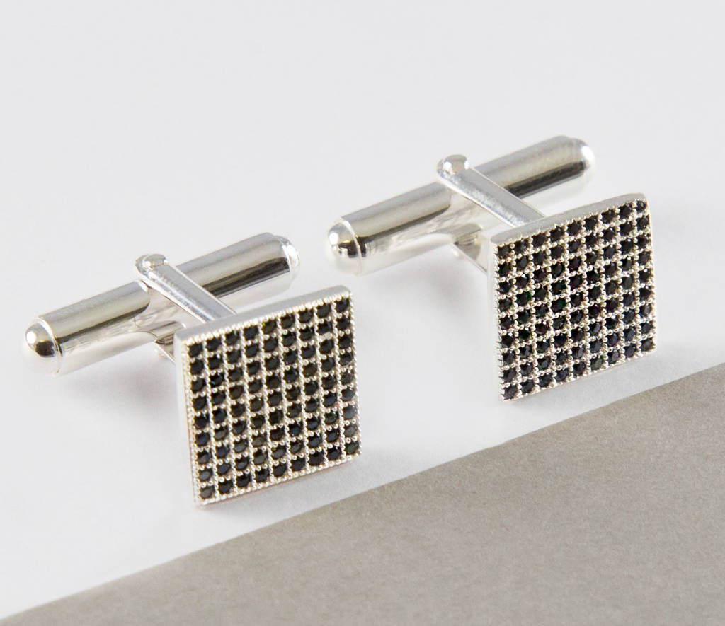 Image of Black Zircon Geometric Unisex Sterling Silver Cufflinks, Silver