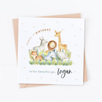 Personalised Safari Lion And Friends 1st Birthday Card, 2 of 2