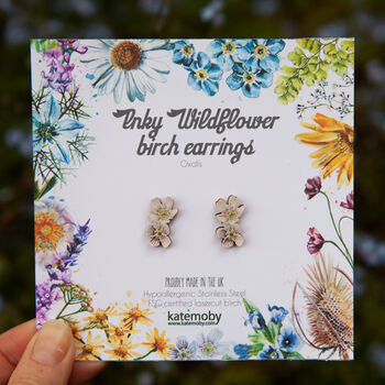 Inky Oxalis Wildflower Wooden Stud Earrings, 8 of 11
