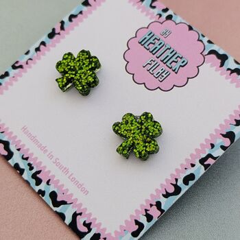 Green Clover Glitter Stud Earrings, 4 of 5