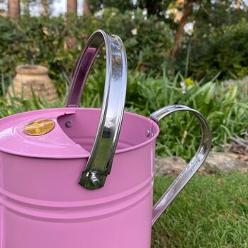 Pair Of Peony Pink And Chrome Trim Watering Cans, 6 of 11