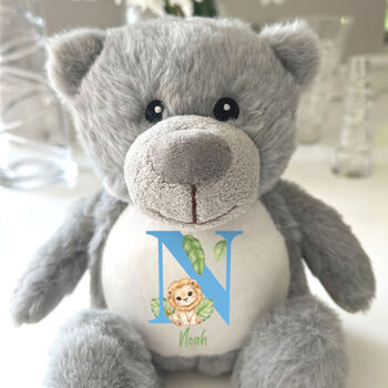 Personalised Animal Alphabet Grey Baby Teddy Bear, 4 of 10