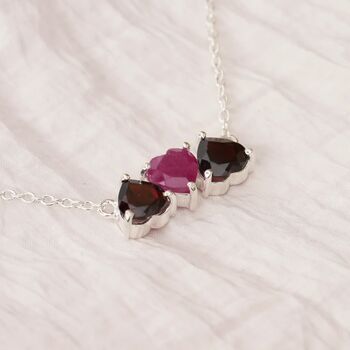 Silver Garnet And Ruby Heart Triple Heart Necklace, 2 of 4