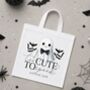 Personalised Too Cute To Spook Halloween Outfit, Custom Name Baby Grow, Kids T Shirt Or Trick Or Treat Tote Bag, thumbnail 2 of 2