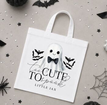 Personalised Too Cute To Spook Halloween Outfit, Custom Name Baby Grow, Kids T Shirt Or Trick Or Treat Tote Bag, 2 of 2