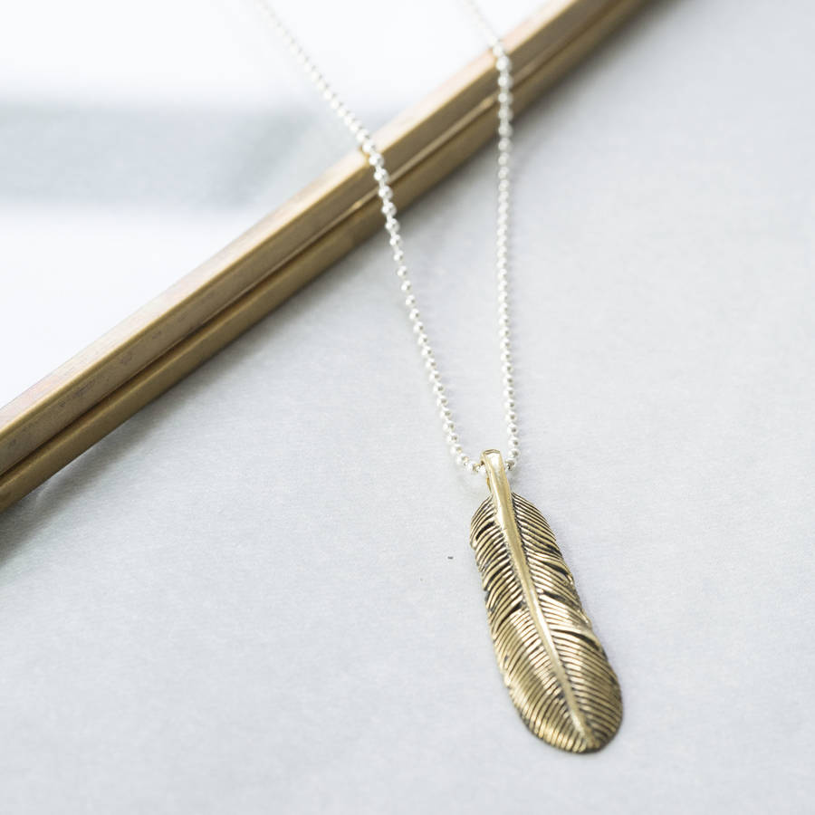 large gold feather necklace by silver service jewellery