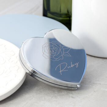 Custom Silver Plated Birth Flower Heart Compact Mirror, 7 of 12