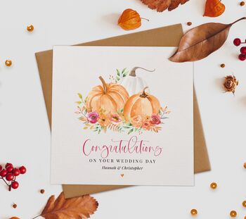 Personalised Autumn Wedding Congratulations Card, Pumpkin Illustration Greeting Card, 2 of 2