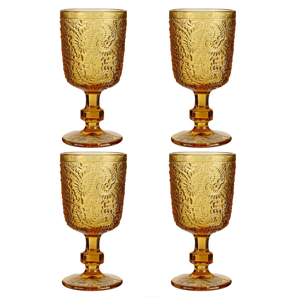 Set of Amber Orange Embossed Wine Goblets Vintage Style Paisley Print  Embossed Wine Glasses Dishwasher Safe Glassware
