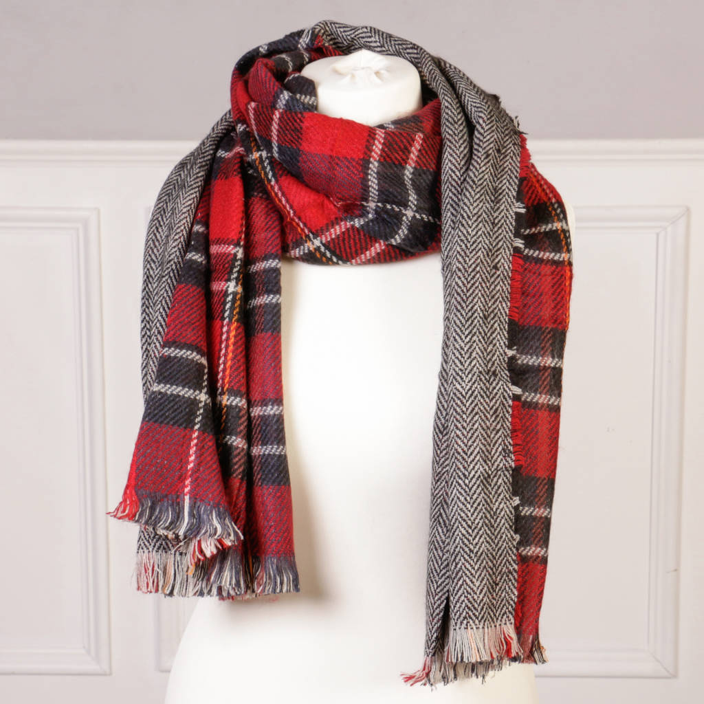 red tartan and herringbone reversible scarf by dibor ...