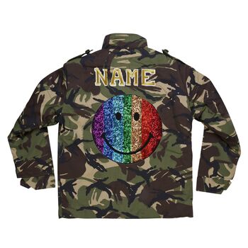 Sequin Smiley Face Personalised Kids Camo Jacket, 4 of 7