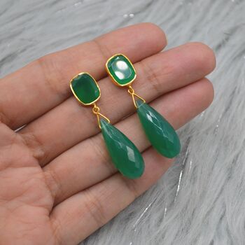 Green Onyx Gold Plated Sterling Silver Drop Earrings, 7 of 9