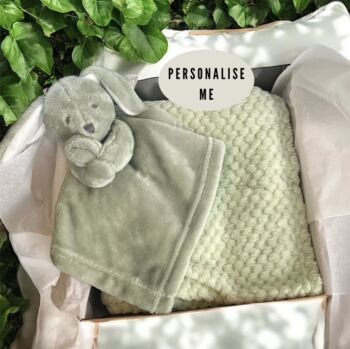 Personalised Sage Bunny Comforter And Blanket, 2 of 7