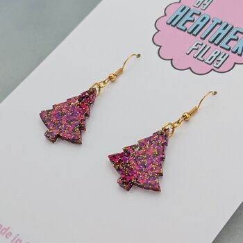 Red Wine / Hot Pink And Gold Glitter Christmas Tree Earrings Small And Large, 6 of 9