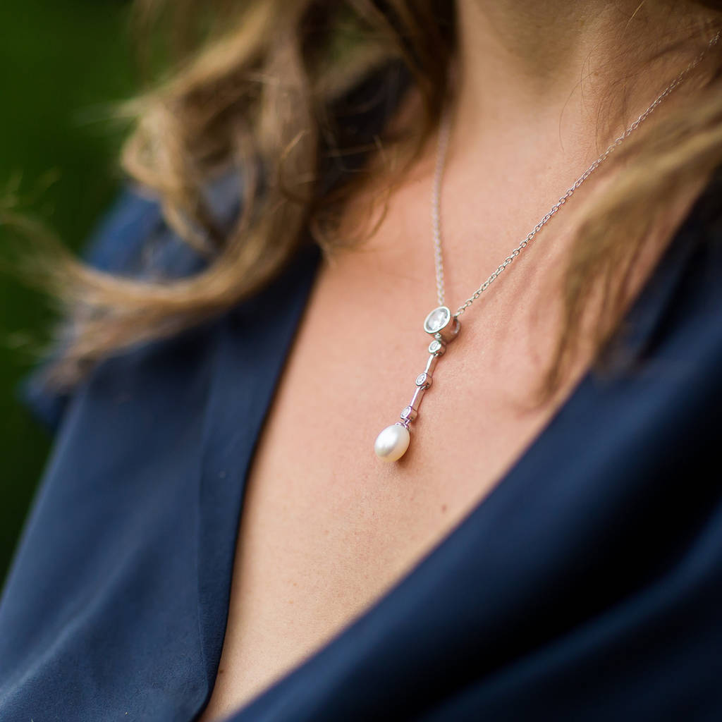 Silver Bar And Pearl Drop Pendant Necklace By TigerLily Jewellery