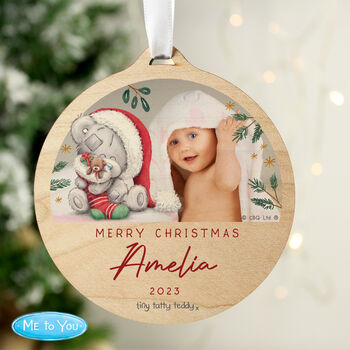 Personalised Tiny Tatty Teddy First Christmas Photo Wooden Christmas Tree Decoration, 3 of 4