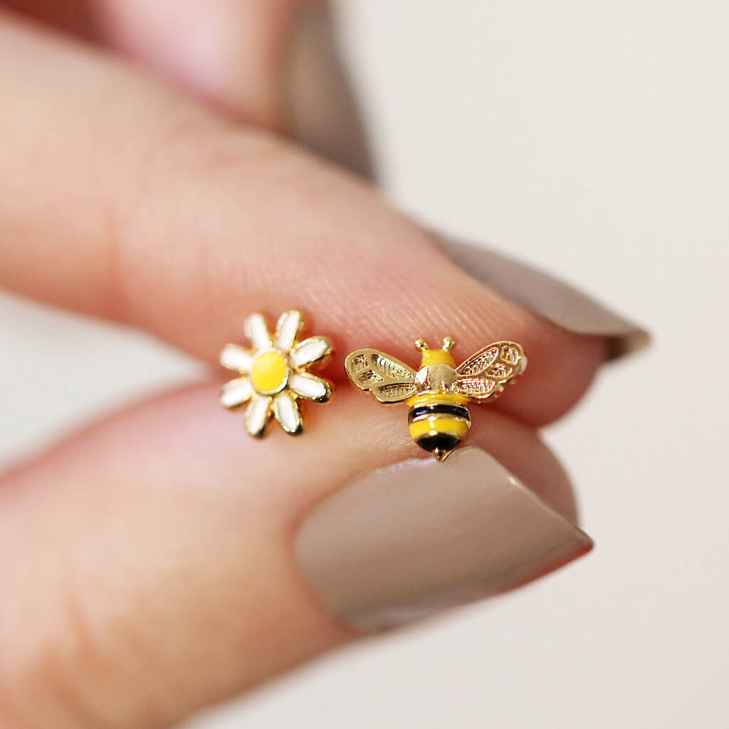 Mismatched Bee And Daisy Stud Earrings In Gold Plating, 1 of 4