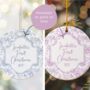 Baby's First Christmas Personalised Floral Ceramic Tree Decoration Pink Or Blue, thumbnail 1 of 5