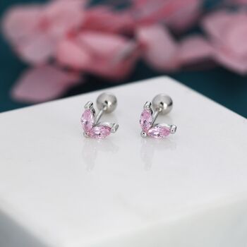 Sterling Silver Rose Pink Cz Marquise Leaf Duo Barbell Earrings, 7 of 12