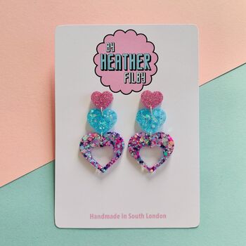 Triple Heart Glitter Earrings, 2 of 2