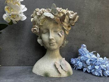 26cm Grey Green Ladies Head Plant Pot With Pink Flowers, 8 of 12