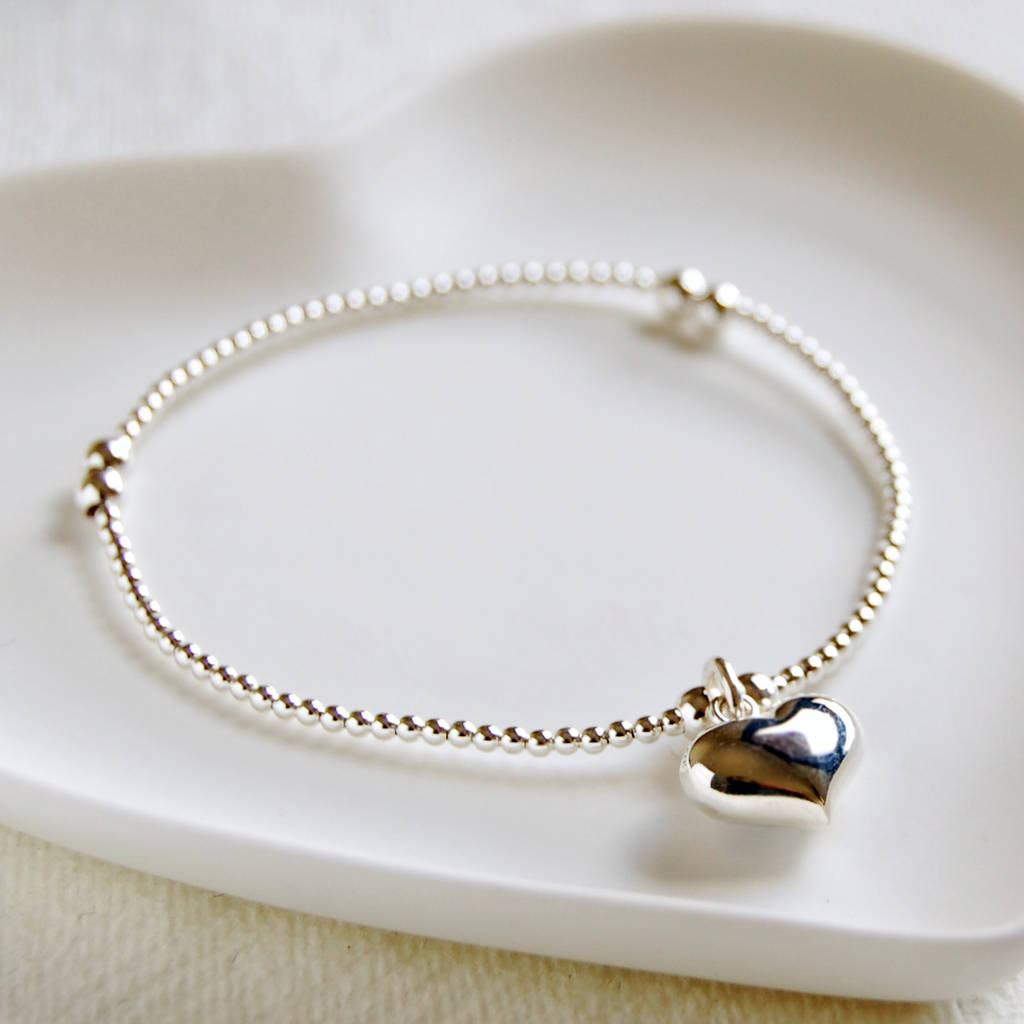Delicate Silver Bead Bracelet With Heart Charm, 1 of 2
