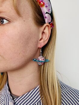 Planet Saturn Glitter Dangle Earrings / Handmade Stargazing Gift For Science Lovers, 5 of 5
